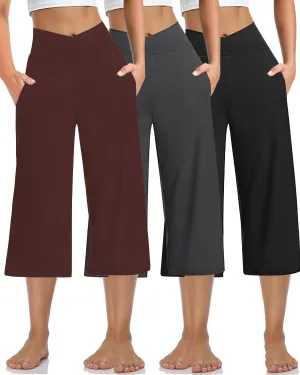 3 Pack Women's Wide Leg Yoga Pants Crossover High Waist Casual Capri Pants Loose Soft Pajama Pocket Sweatpants