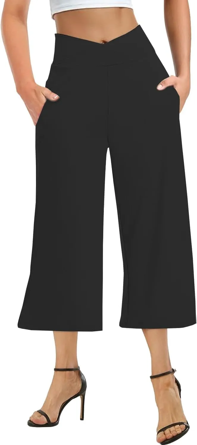 3 Pack Women's Wide Leg Yoga Pants Crossover High Waist Casual Capri Pants Loose Soft Pajama Pocket Sweatpants