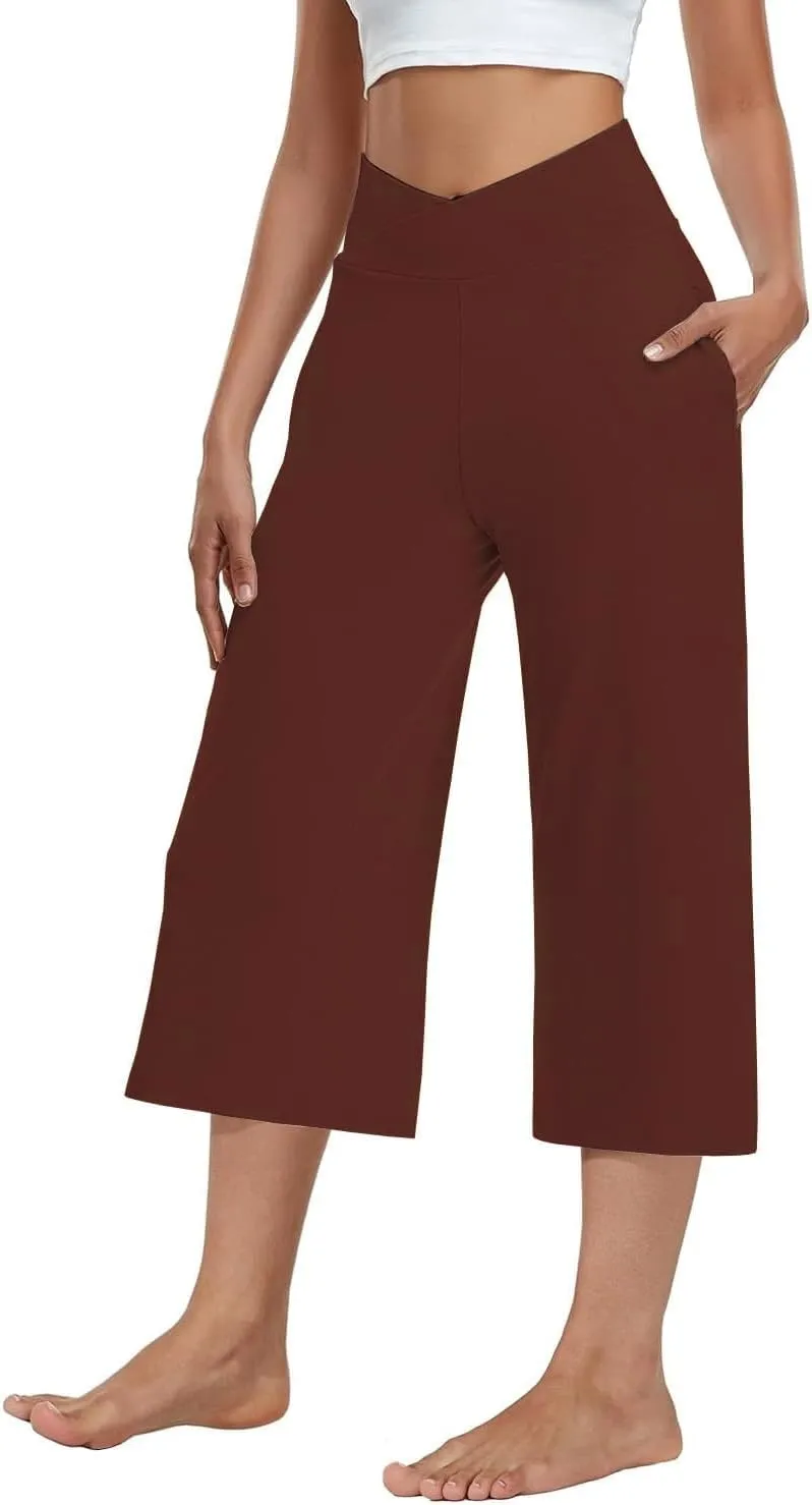 3 Pack Women's Wide Leg Yoga Pants Crossover High Waist Casual Capri Pants Loose Soft Pajama Pocket Sweatpants