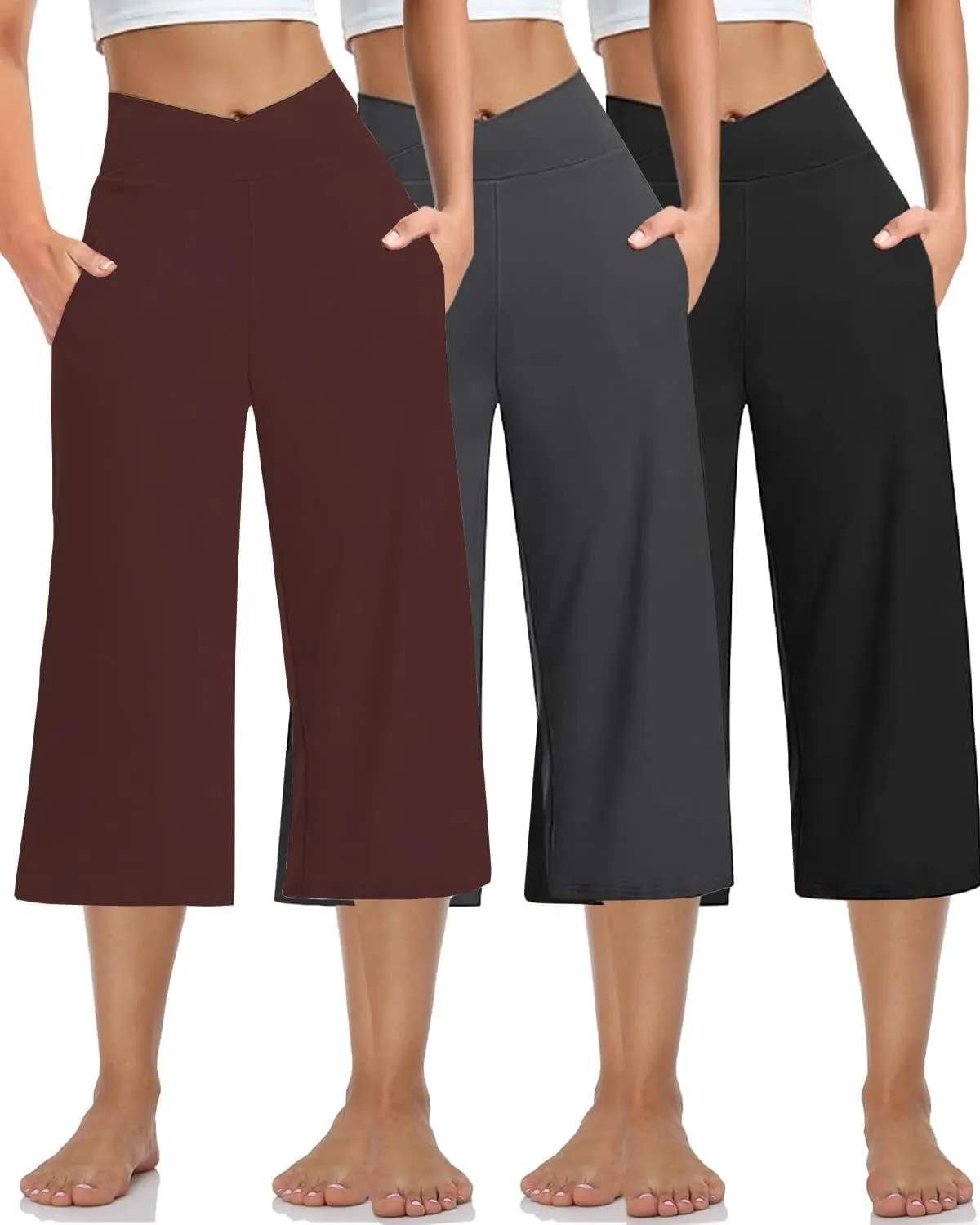 3 Pack Women's Wide Leg Yoga Pants Crossover High Waist Casual Capri Pants Loose Soft Pajama Pocket Sweatpants