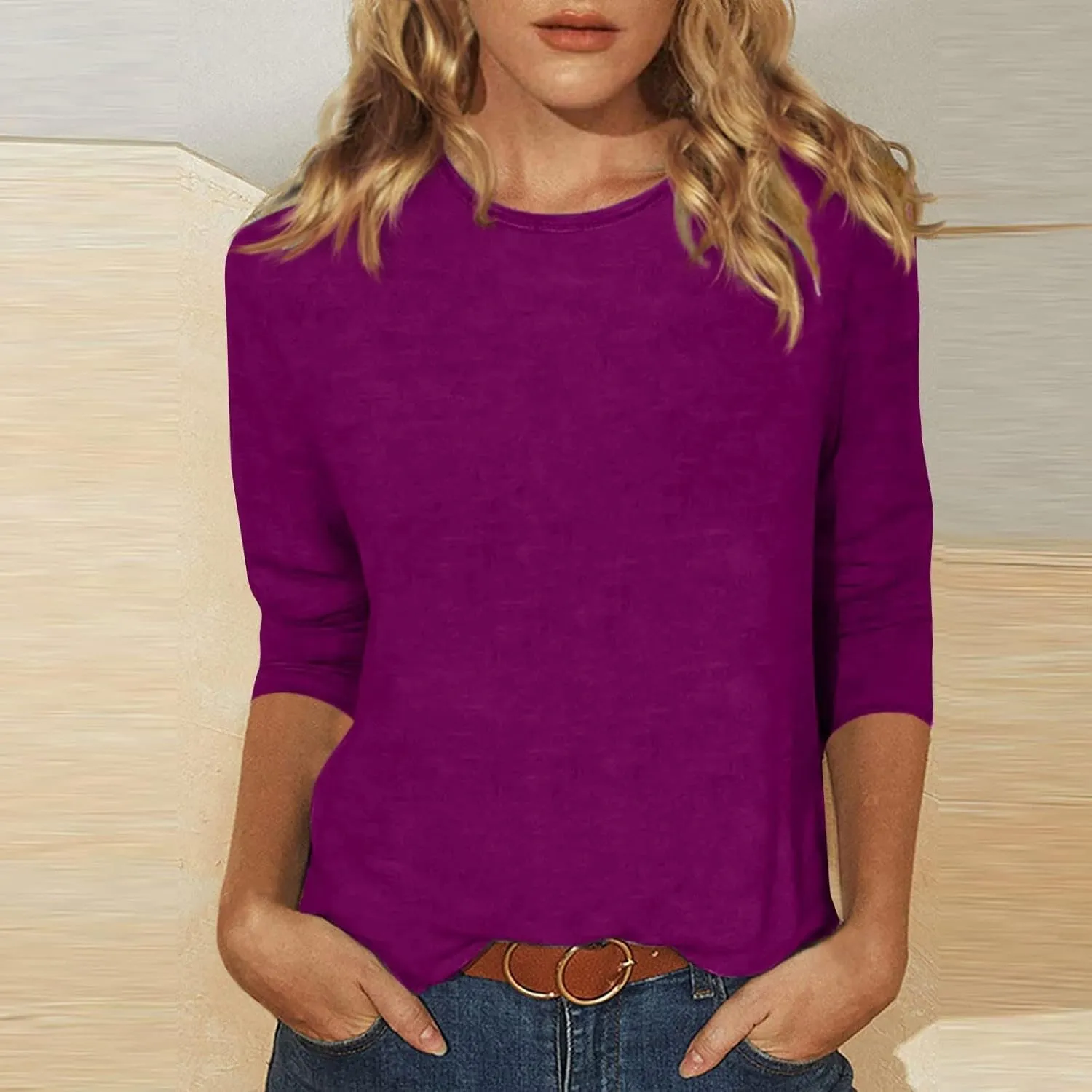 3/4 Length Sleeve Womens Tops 2025 Spring Casual Loose Fit Crew Neck T Shirts Soft Three Quarter Length Tunic Tops