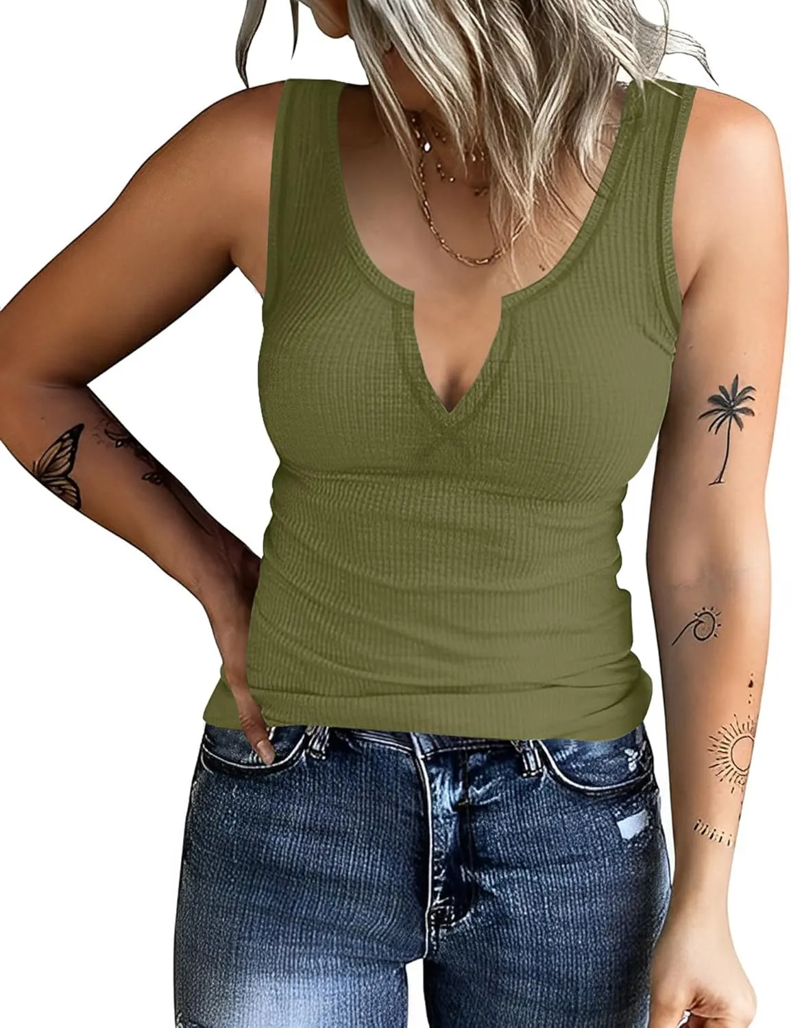 AKEWEI Women's Stretchy Ribbed V Neck Tank Tops Soft Summer Casual Sleeveless Tops Basic Cami Tee Shirts Tank Top for Women