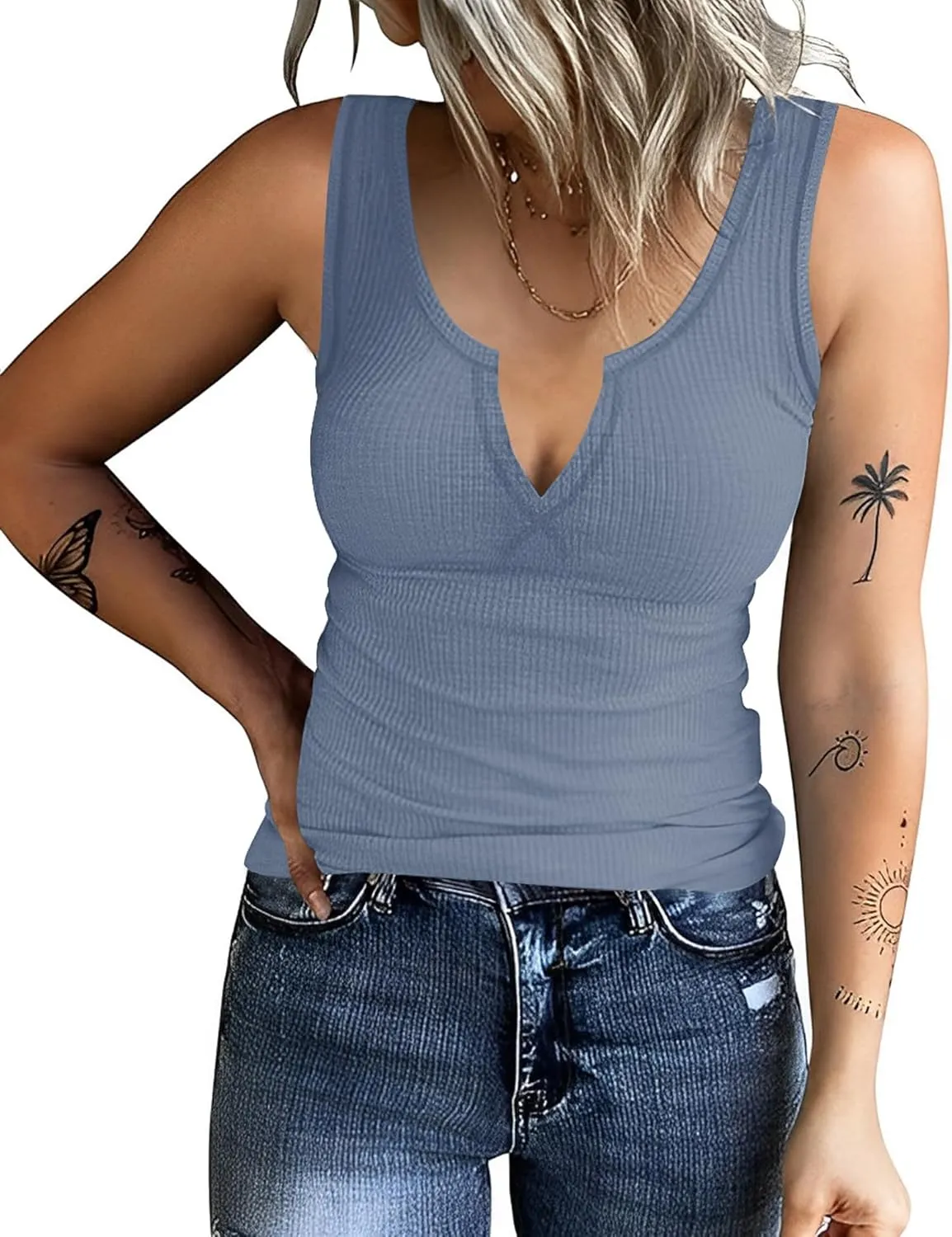AKEWEI Women's Stretchy Ribbed V Neck Tank Tops Soft Summer Casual Sleeveless Tops Basic Cami Tee Shirts Tank Top for Women