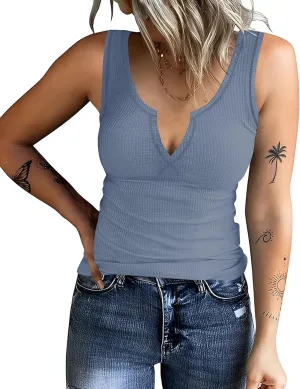 AKEWEI Women's Stretchy Ribbed V Neck Tank Tops Soft Summer Casual Sleeveless Tops Basic Cami Tee Shirts Tank Top for Women
