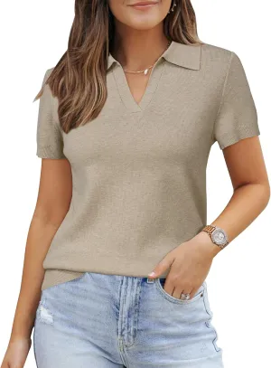 Arach&Cloz 2025 Women's Wool Blend Polo Shirts Spring Summer Tops Short Sleeve Soft Trendy Old Money Business Casual Outfits