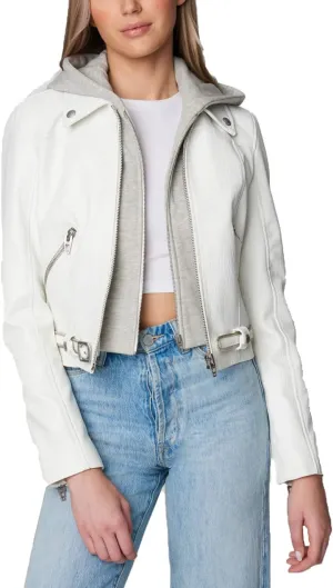 [BLANKNYC] Womens White Vegan Leather Hooded Moto Jacket With Zipper Pockets and Self Belt, Stylish Coat & Designer Clothing