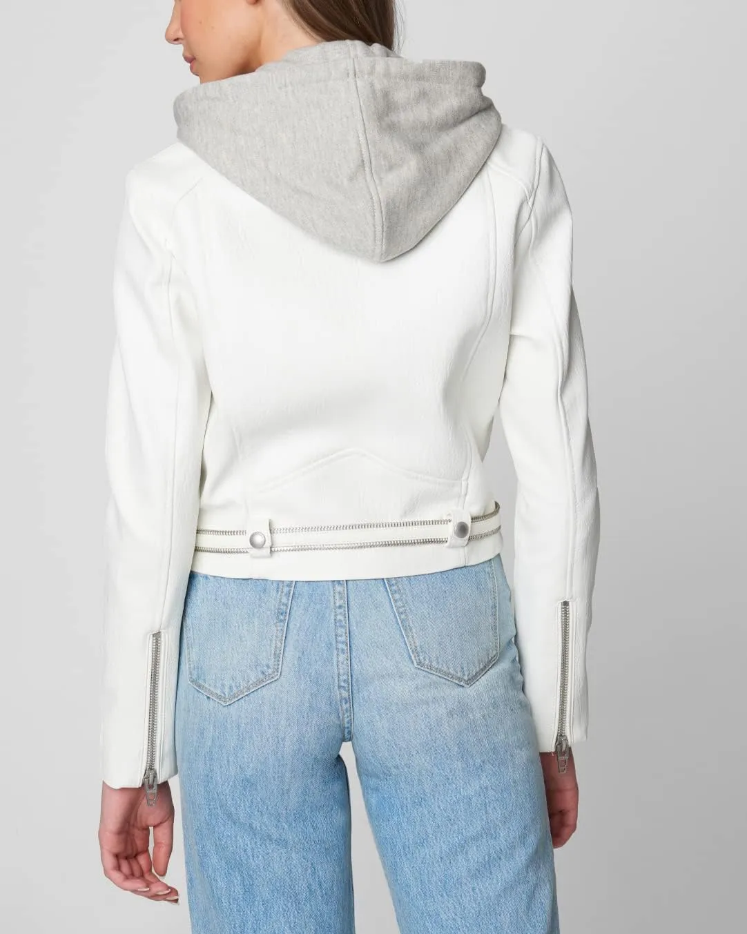 [BLANKNYC] Womens White Vegan Leather Hooded Moto Jacket With Zipper Pockets and Self Belt, Stylish Coat & Designer Clothing