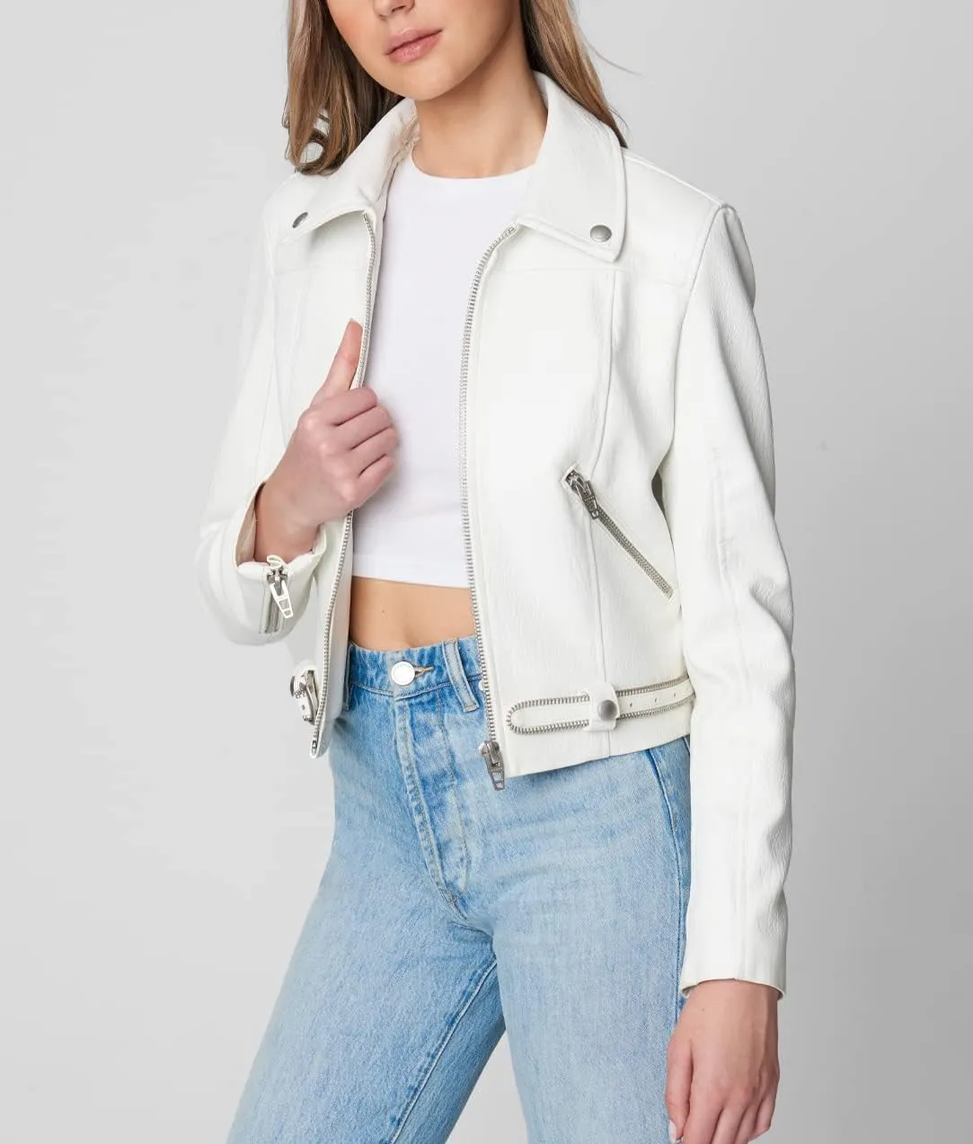 [BLANKNYC] Womens White Vegan Leather Hooded Moto Jacket With Zipper Pockets and Self Belt, Stylish Coat & Designer Clothing