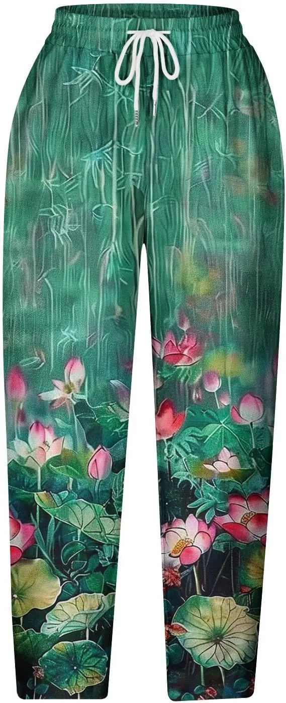 Capri Pants for Women Stylish Floral Print Linen Pants Summer High Waisted Soft Cropped Trousers Comfy Wide Leg Capris