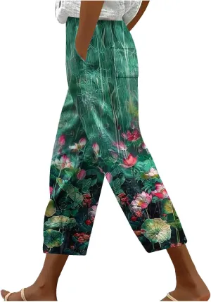 Capri Pants for Women Stylish Floral Print Linen Pants Summer High Waisted Soft Cropped Trousers Comfy Wide Leg Capris