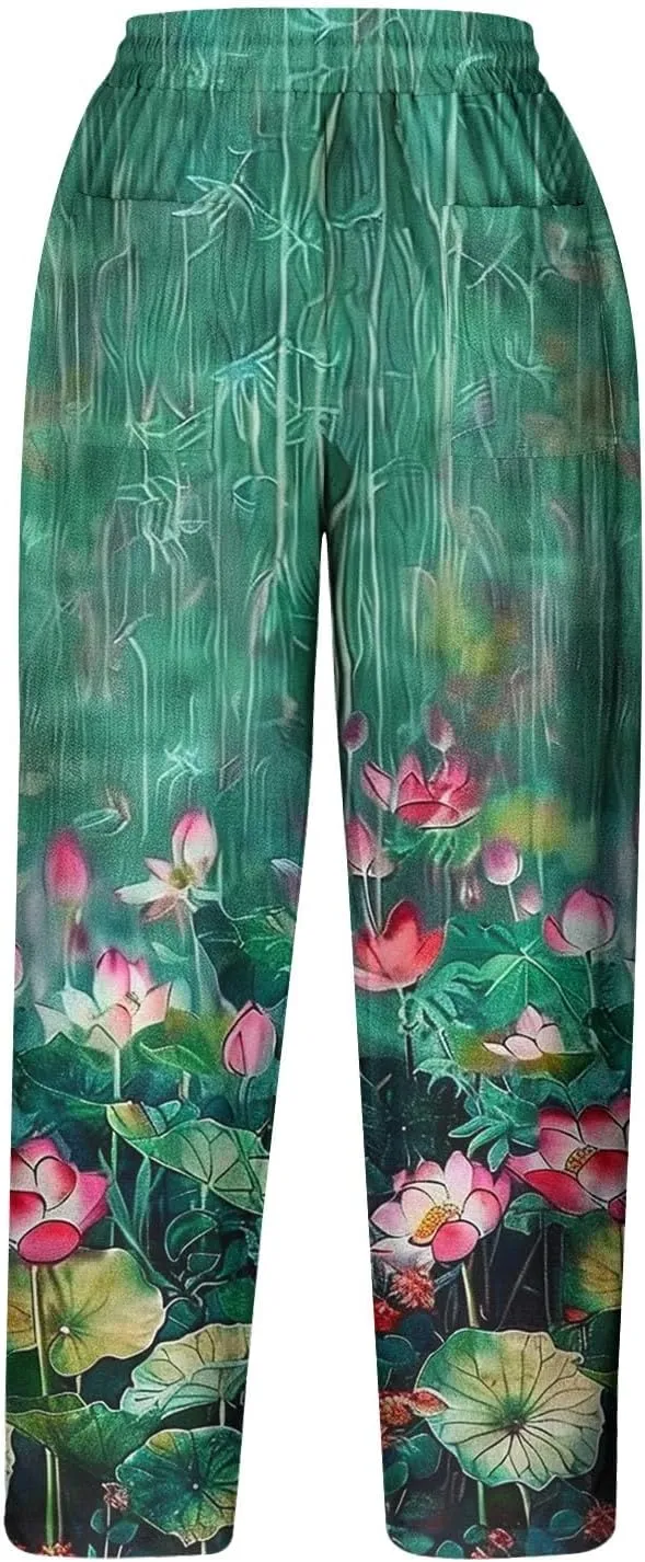 Capri Pants for Women Stylish Floral Print Linen Pants Summer High Waisted Soft Cropped Trousers Comfy Wide Leg Capris