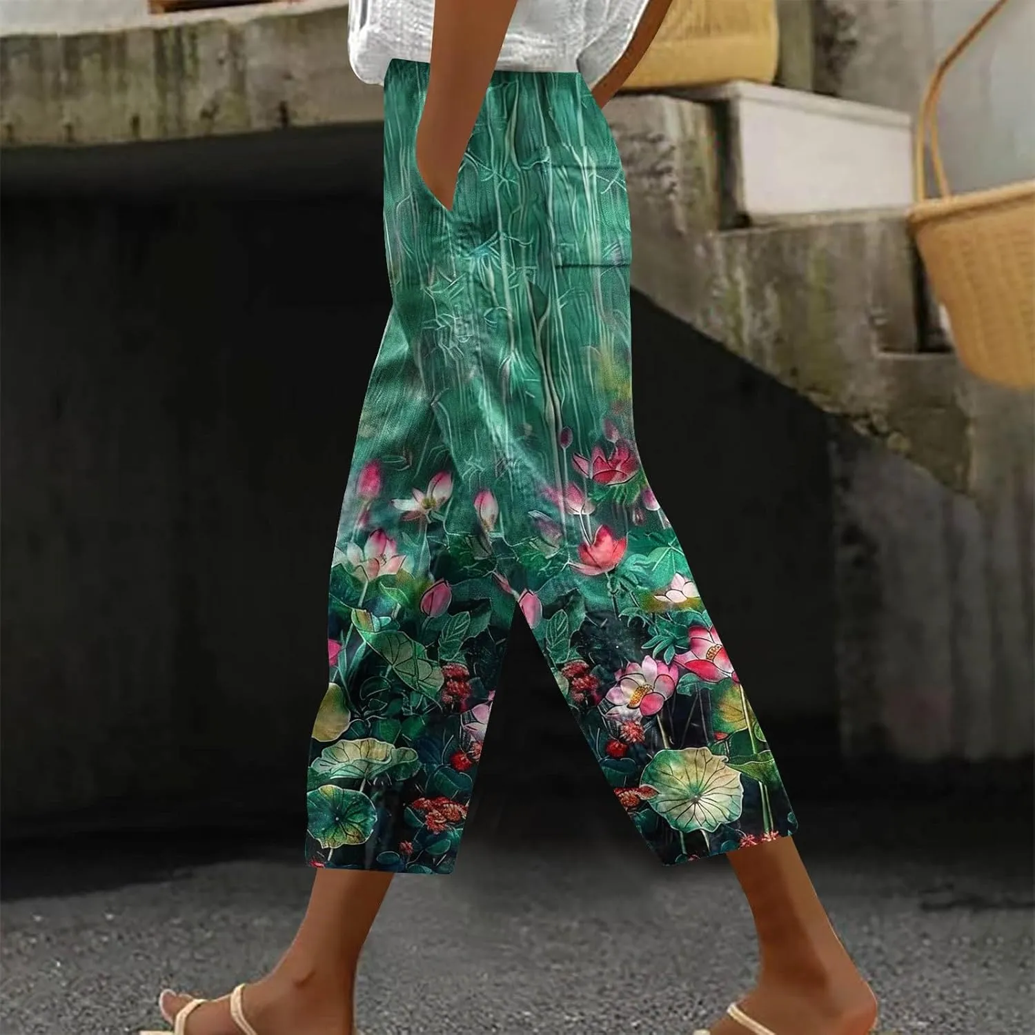 Capri Pants for Women Stylish Floral Print Linen Pants Summer High Waisted Soft Cropped Trousers Comfy Wide Leg Capris