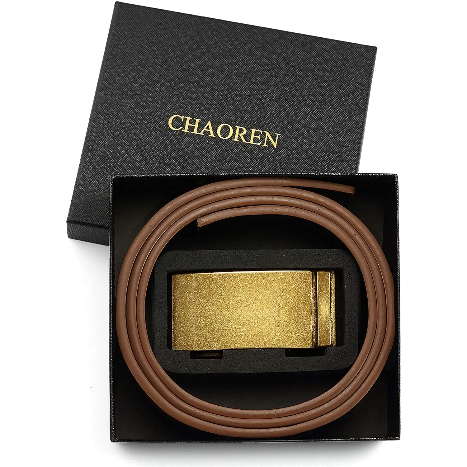 Chaoren Leather Ratchet Dress  Belt | with Automatic Slide | Gold Vintage W Tan Belt