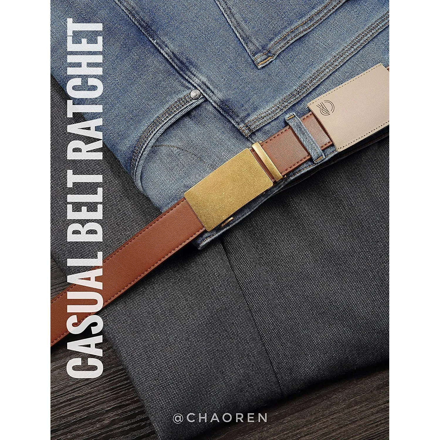 Chaoren Leather Ratchet Dress  Belt | with Automatic Slide | Gold Vintage W Tan Belt