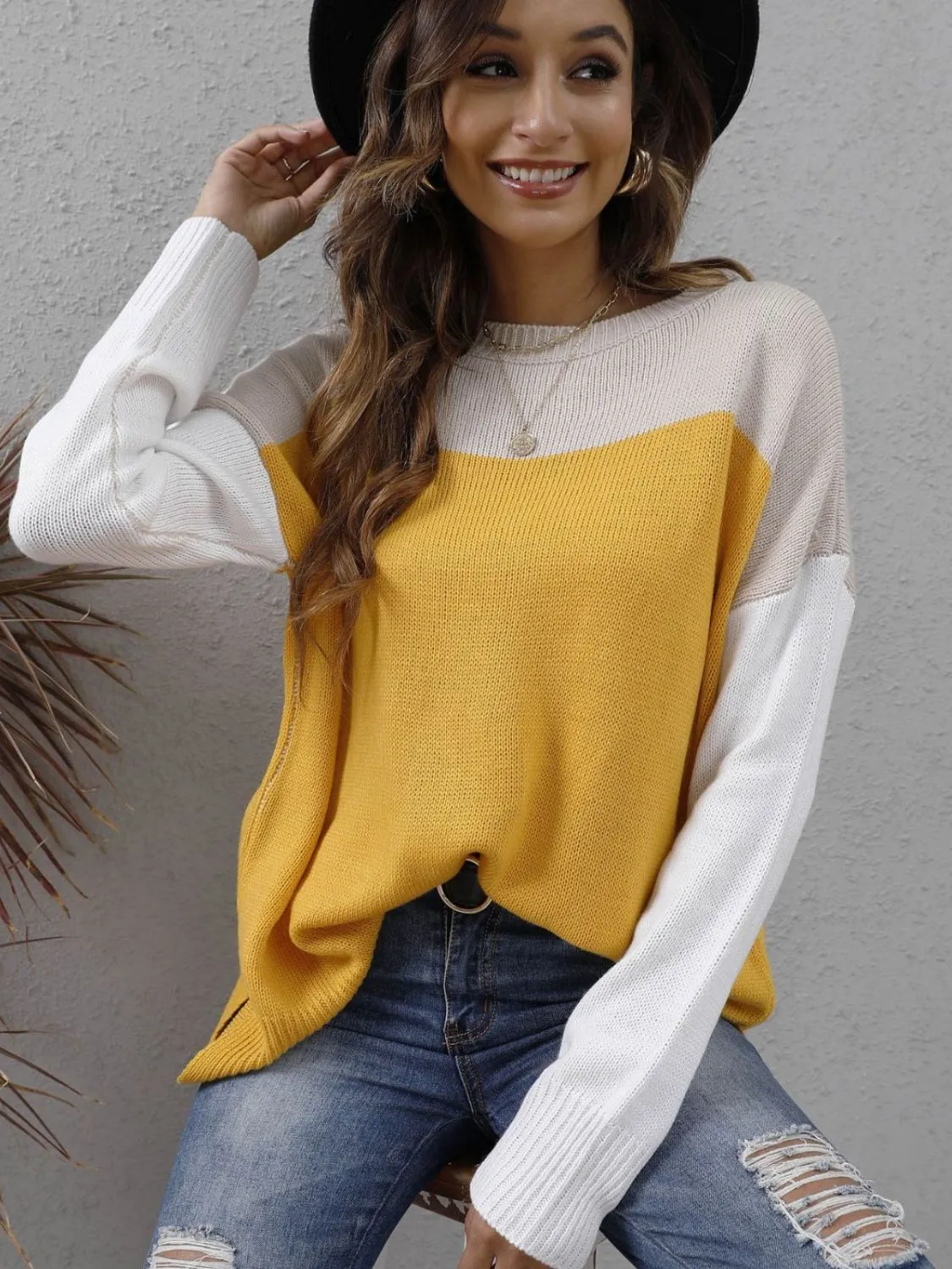 Color Block Round Neck Dropped Shoulder Two-Tone Sweater
