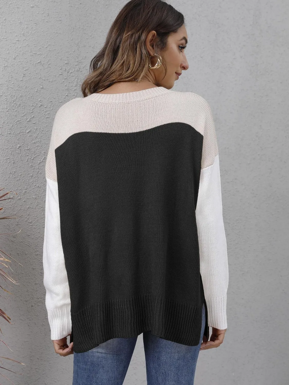 Color Block Round Neck Dropped Shoulder Two-Tone Sweater