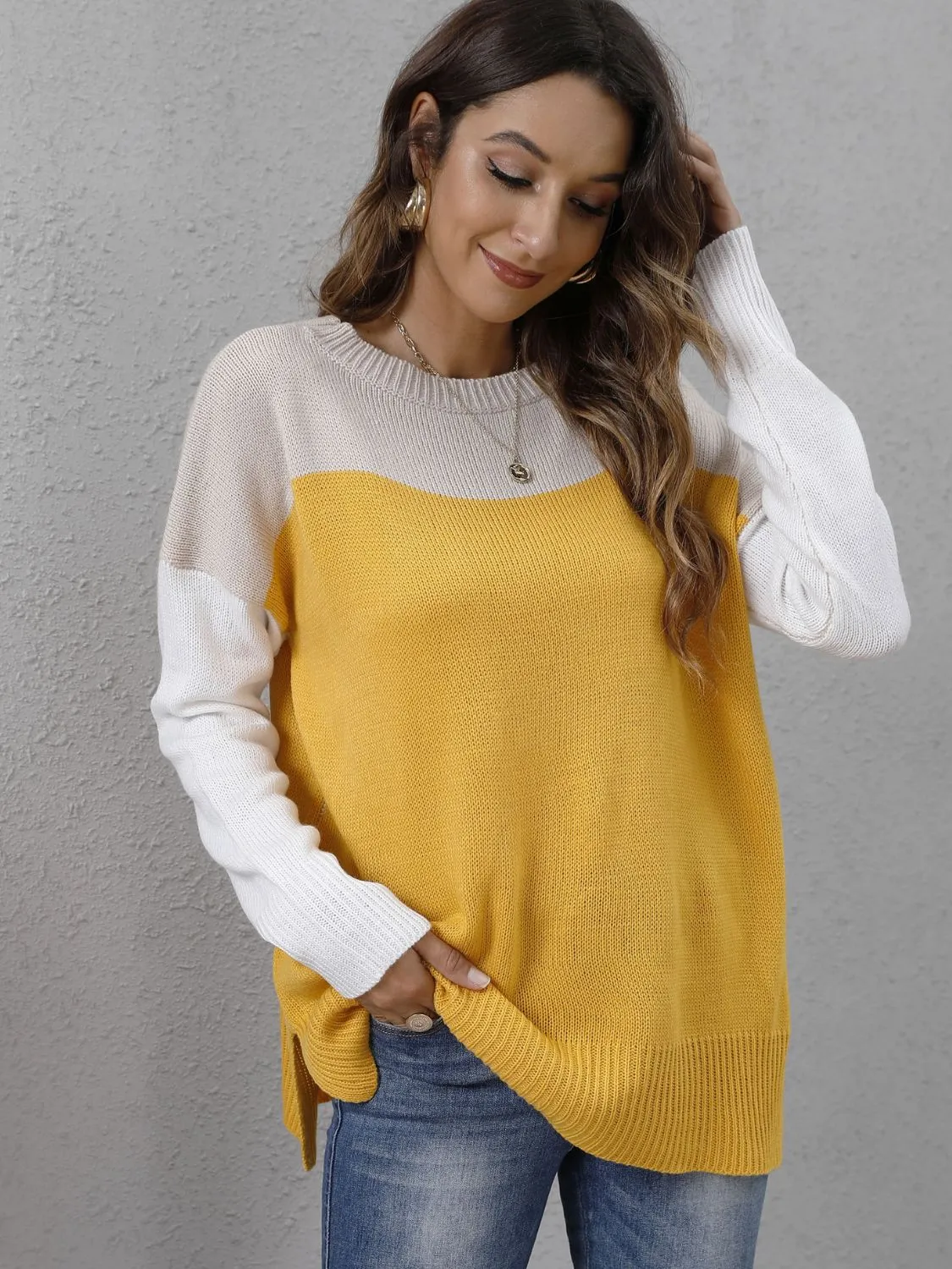 Color Block Round Neck Dropped Shoulder Two-Tone Sweater
