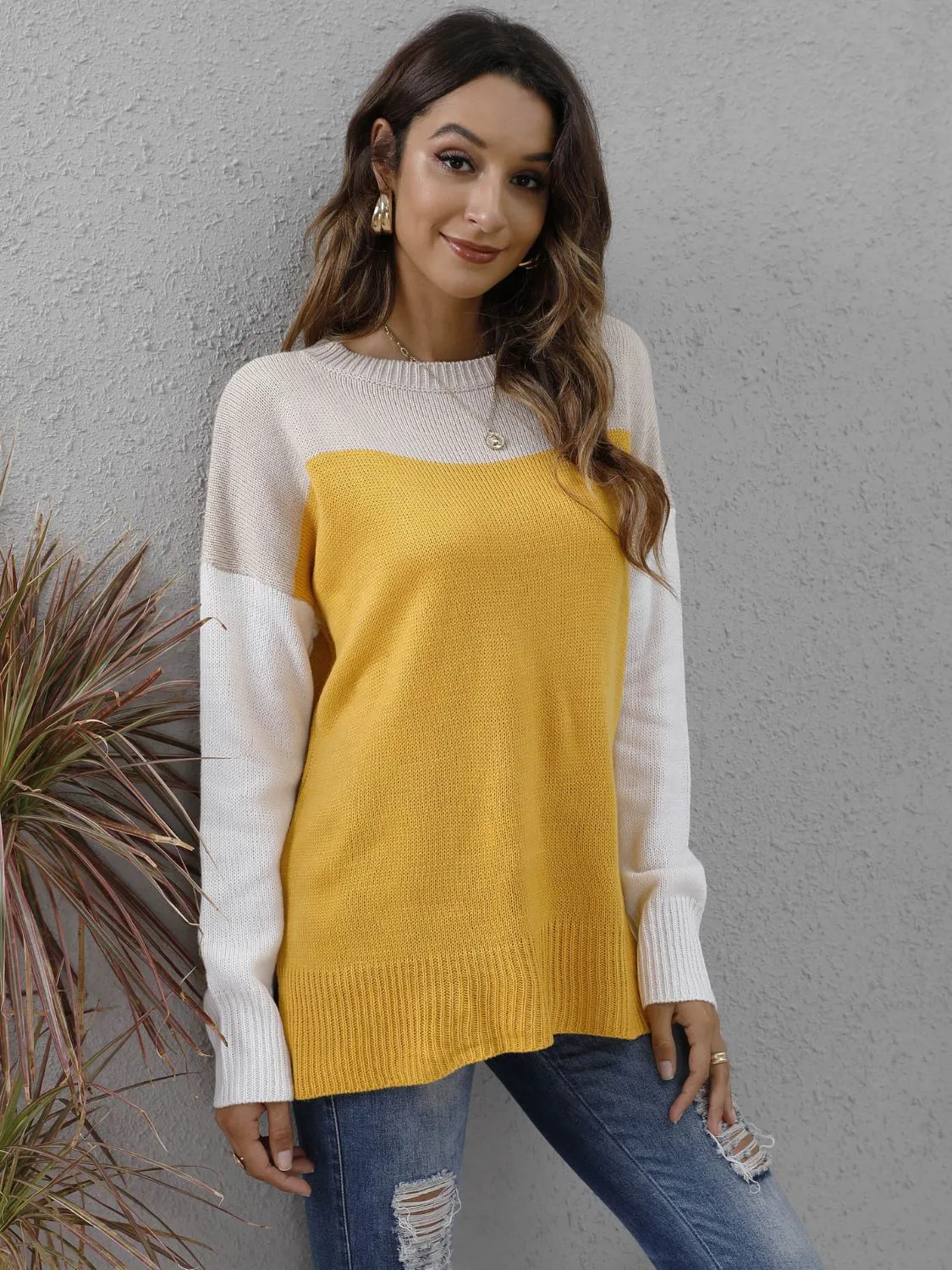 Color Block Round Neck Dropped Shoulder Two-Tone Sweater
