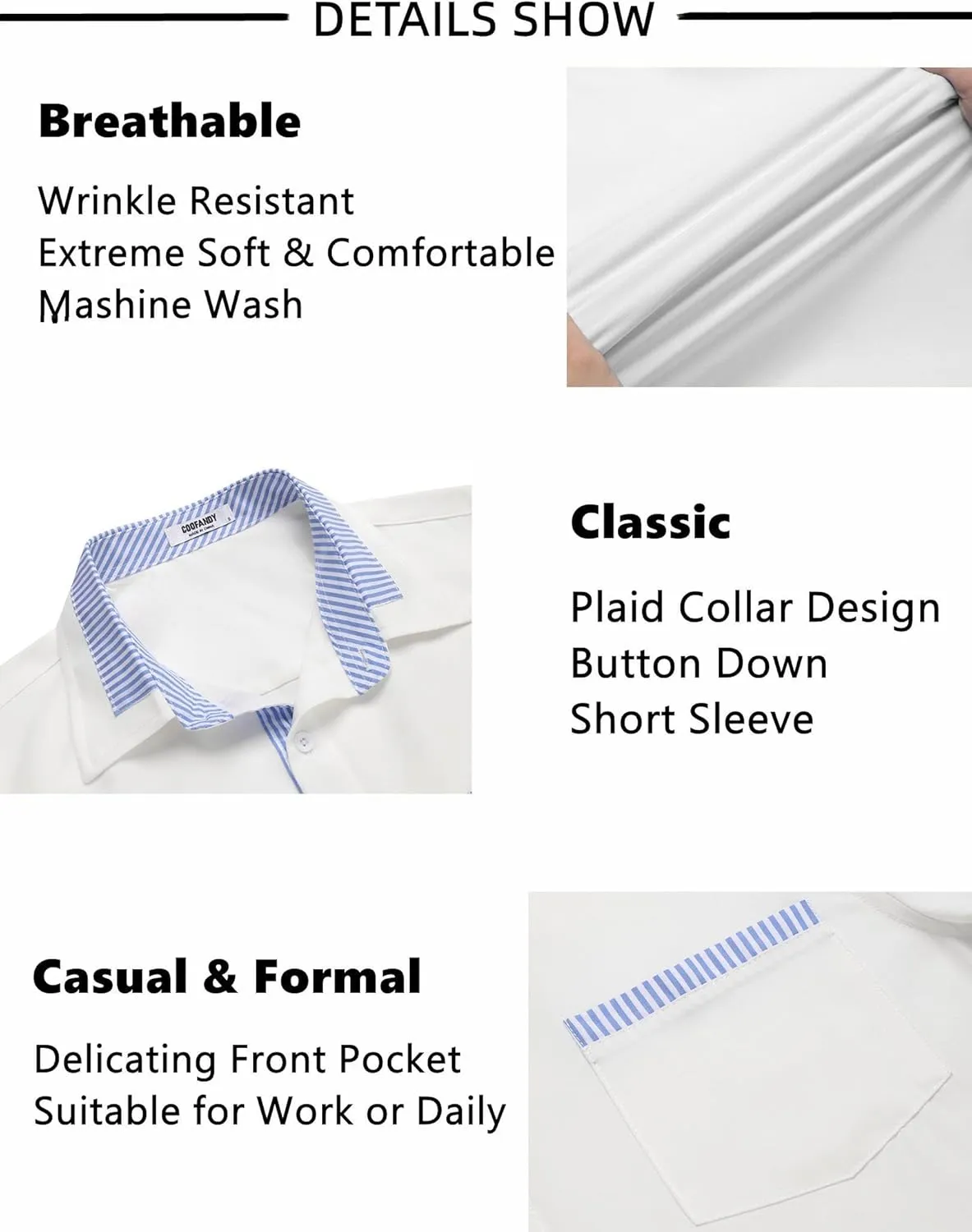 COOFANDY Mens Short Sleeve Dress Shirts Casual Wrinkle Free Shirt Plaid Collar Summer Button Down Shirts