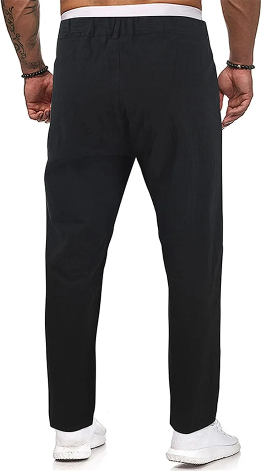 Cotton Linen Pants Men Casual Summer Spring Straight Pleated Pants Fashion Slim Fit Stylish Trousers with Pockets