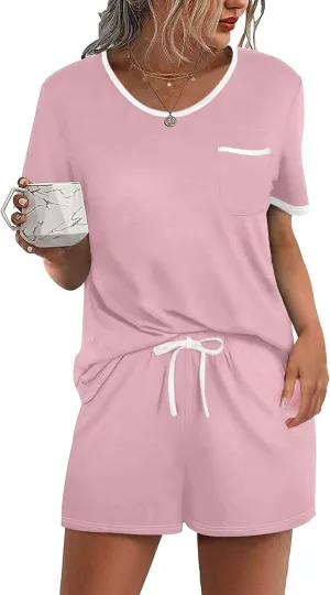 Ekouaer Pajama Set for Women 2 Piece Lounge Set Short Sleeve Tops and Shorts Soft Sleepwear, Chest Pocket
