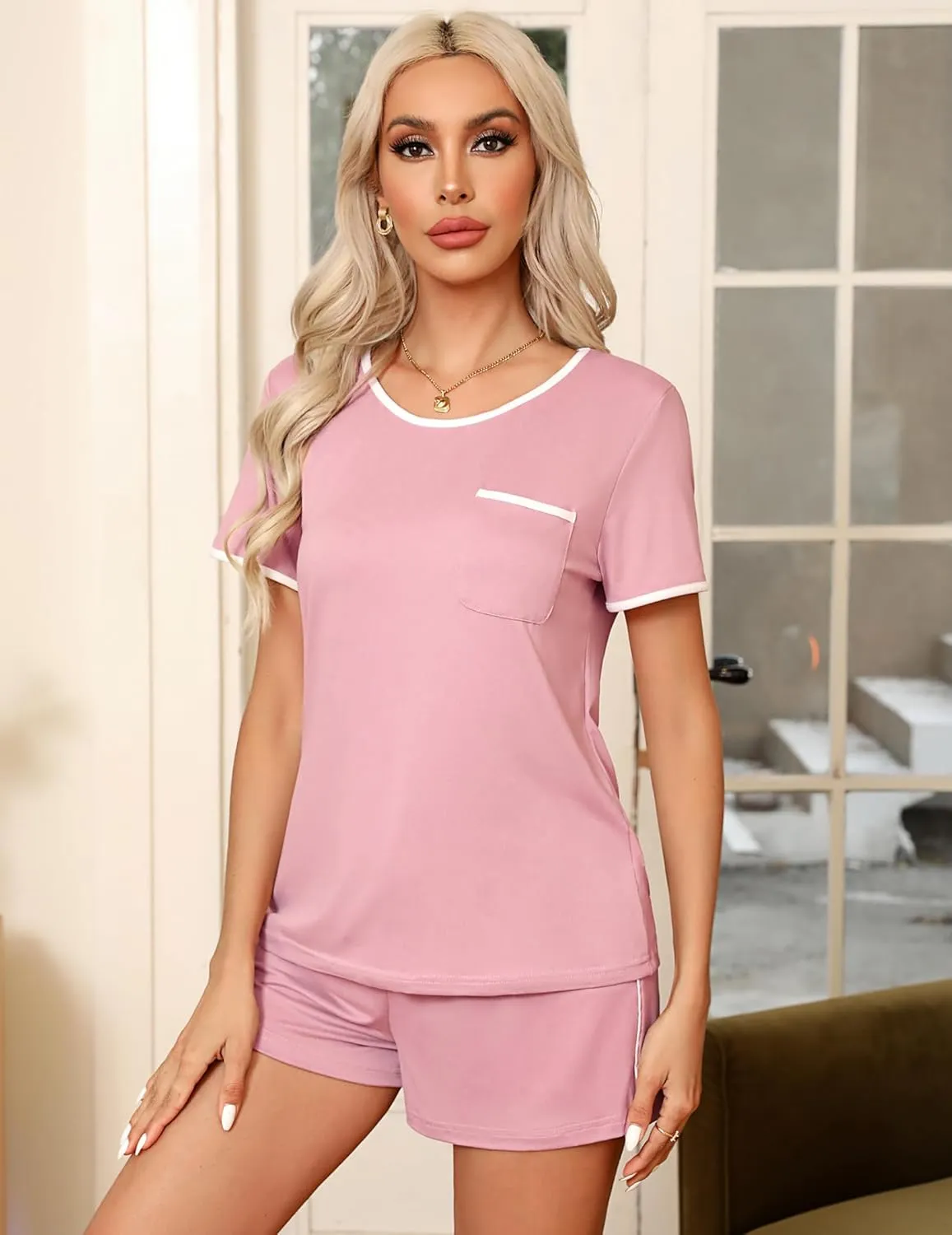 Ekouaer Pajama Set for Women 2 Piece Lounge Set Short Sleeve Tops and Shorts Soft Sleepwear, Chest Pocket
