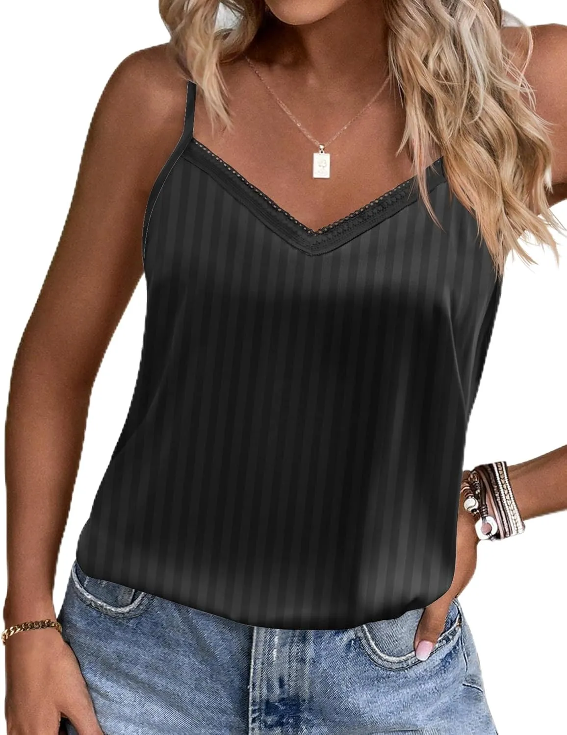 Ekouaer Women's Lace Silk Satin Pajama Tank Tops V Neck Camisole Soft Spaghetti Strap Tops Loose Sleepwear S-3XL
