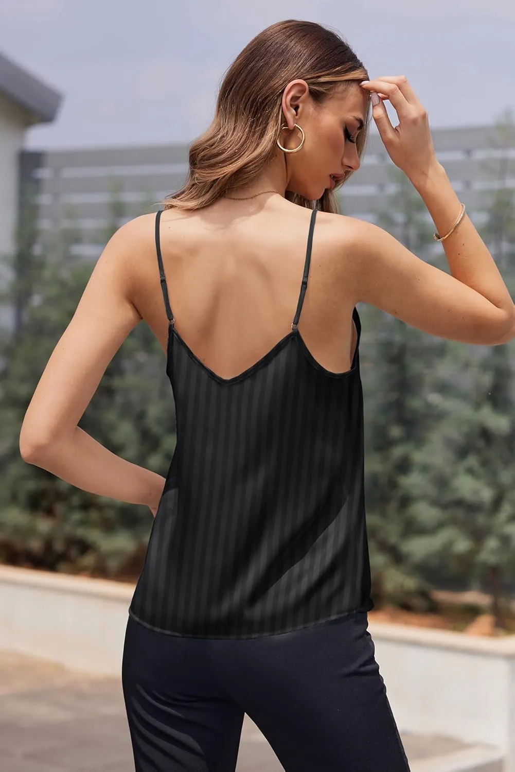 Ekouaer Women's Lace Silk Satin Pajama Tank Tops V Neck Camisole Soft Spaghetti Strap Tops Loose Sleepwear S-3XL