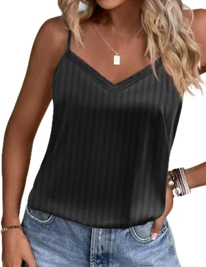 Ekouaer Women's Lace Silk Satin Pajama Tank Tops V Neck Camisole Soft Spaghetti Strap Tops Loose Sleepwear S-3XL