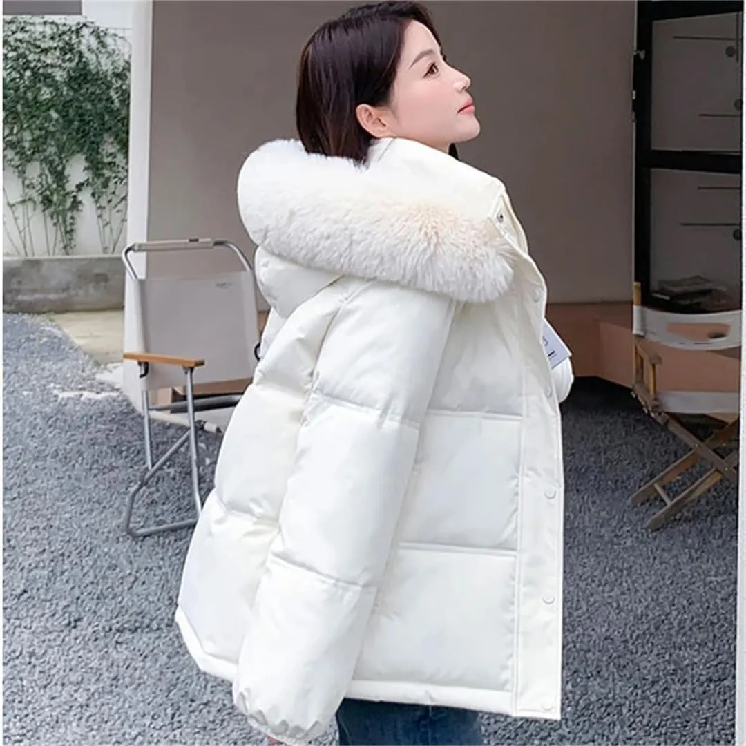 Female Winter Padded Cotton Coat Korean Big Fur Collar Hooded Thicken Windproof Warm Stylish Down