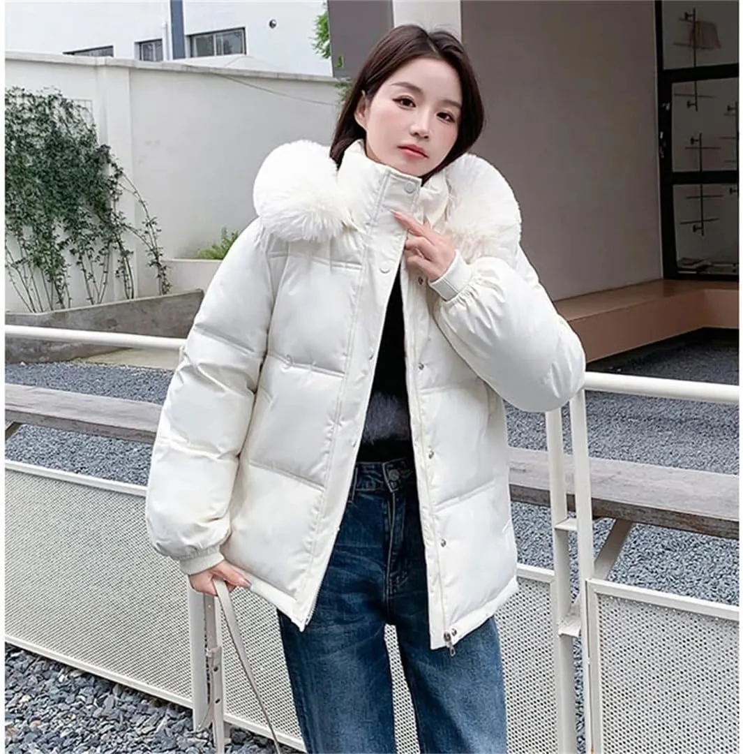 Female Winter Padded Cotton Coat Korean Big Fur Collar Hooded Thicken Windproof Warm Stylish Down