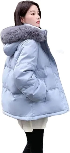 Female Winter Padded Cotton Coat Korean Big Fur Collar Hooded Thicken Windproof Warm Stylish Down
