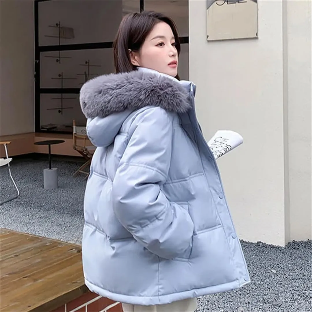 Female Winter Padded Cotton Coat Korean Big Fur Collar Hooded Thicken Windproof Warm Stylish Down