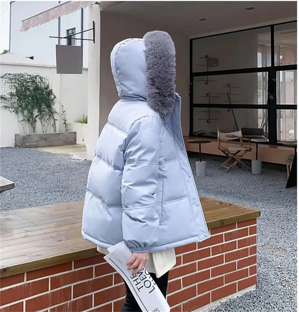 Female Winter Padded Cotton Coat Korean Big Fur Collar Hooded Thicken Windproof Warm Stylish Down