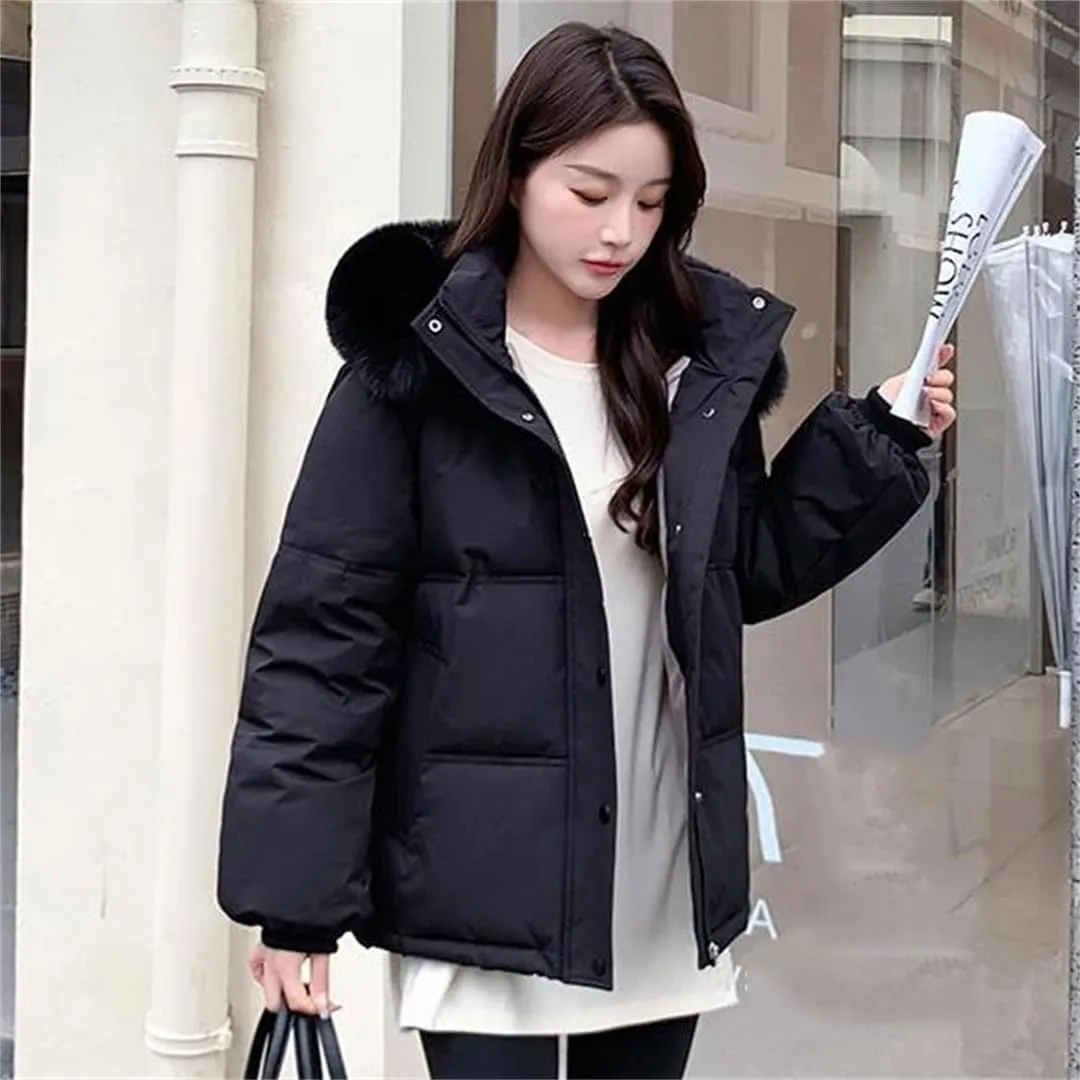 Female Winter Padded Cotton Coat Korean Big Fur Collar Hooded Thicken Windproof Warm Stylish Down