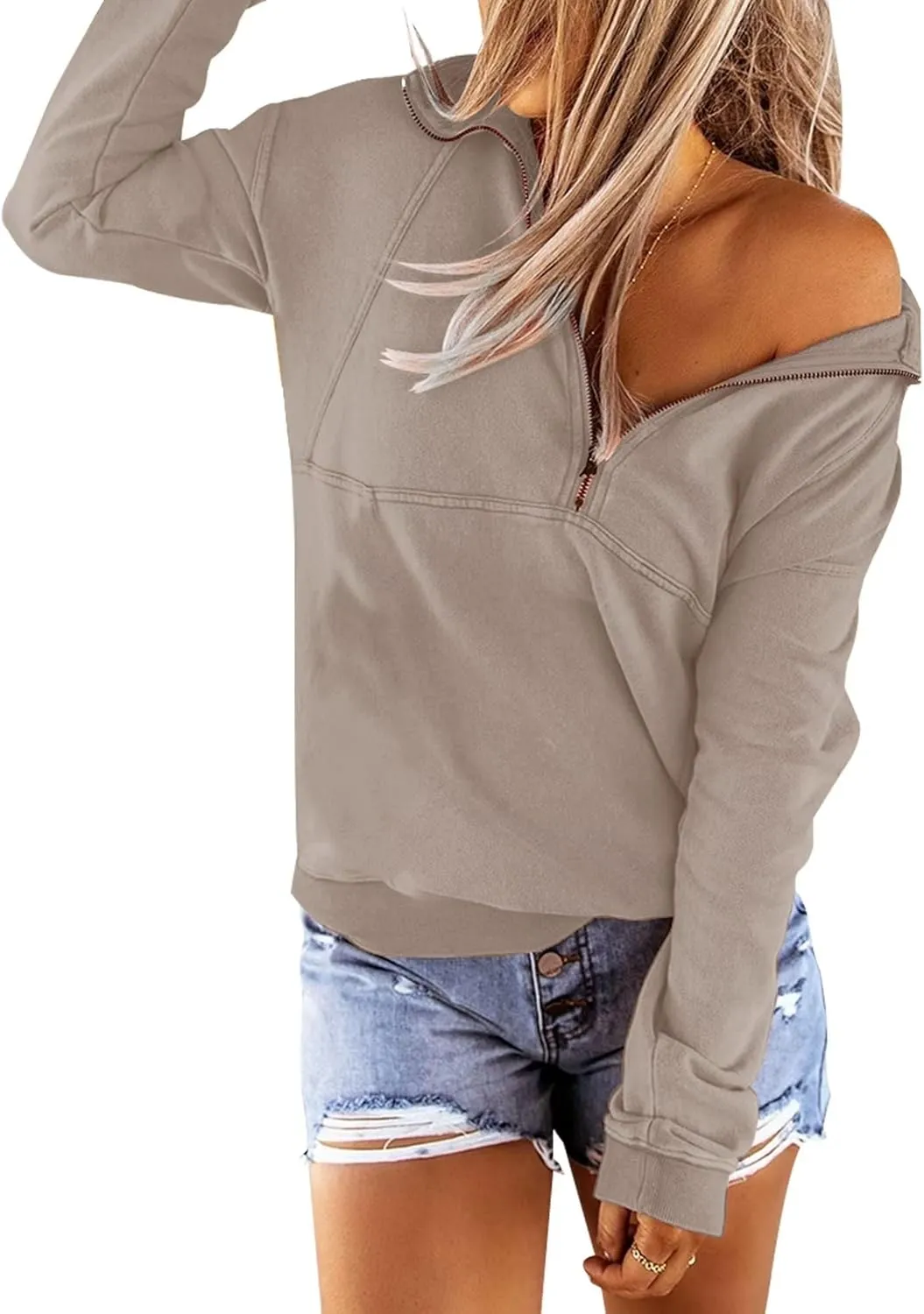 Floral Find Women's Long Sleeve Lapel Half Zip Up Sweatshirt Solid Stylish Loose Fit Casual Pullover Tops
