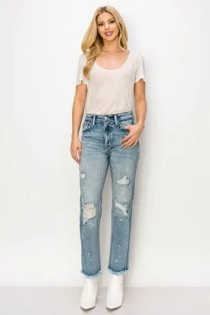High Rise Distressed Straight with Fray Hem Jeans