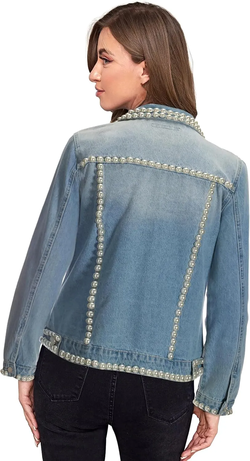 Hybrid & Company Women's Denim Jacket Embroidered Pearls Beading Jeans Jacket Coat With Pockets