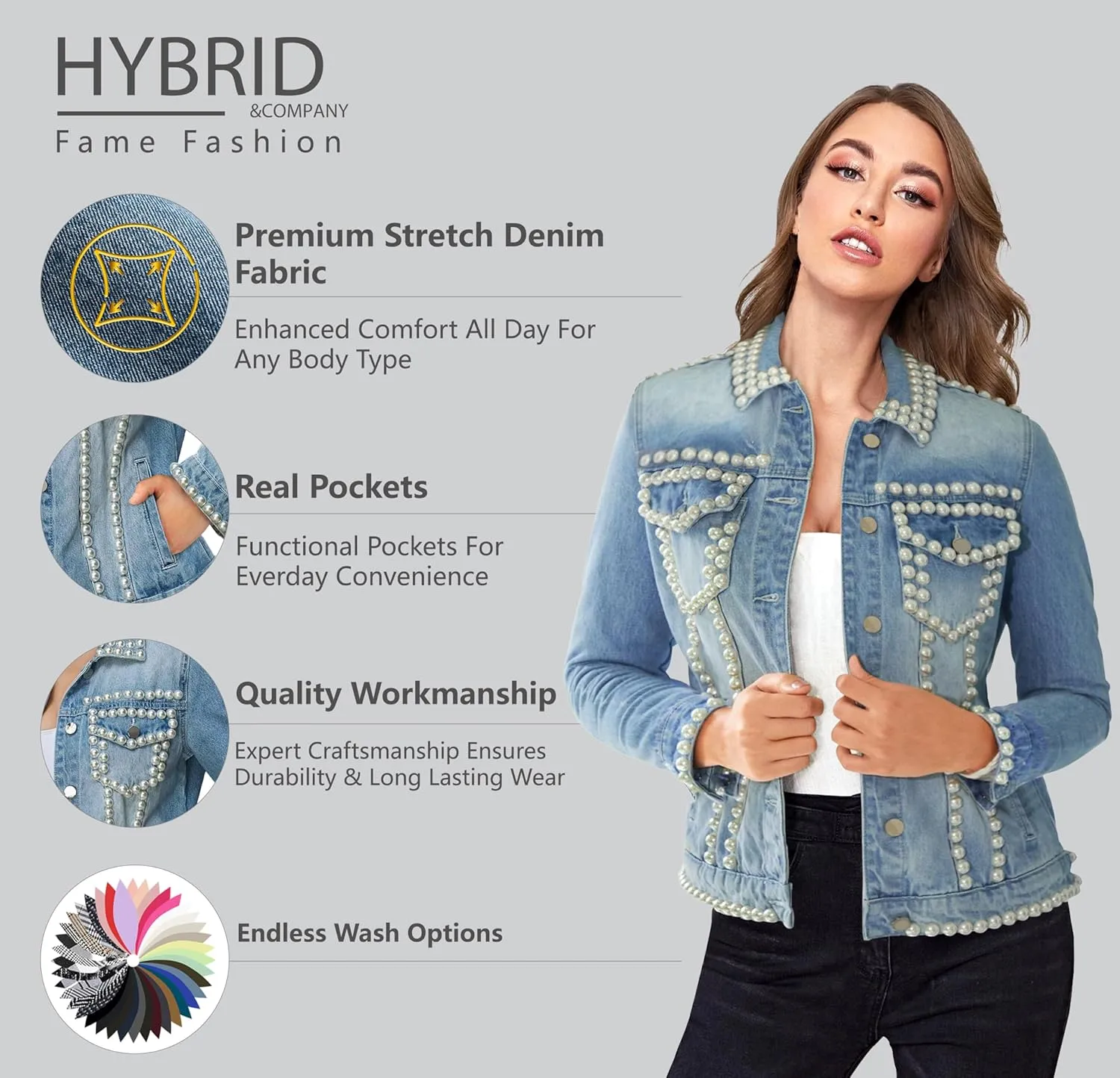 Hybrid & Company Women's Denim Jacket Embroidered Pearls Beading Jeans Jacket Coat With Pockets
