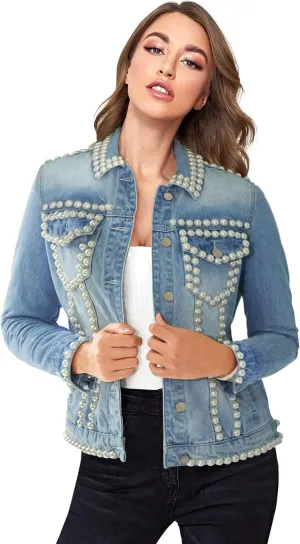 Hybrid & Company Women's Denim Jacket Embroidered Pearls Beading Jeans Jacket Coat With Pockets