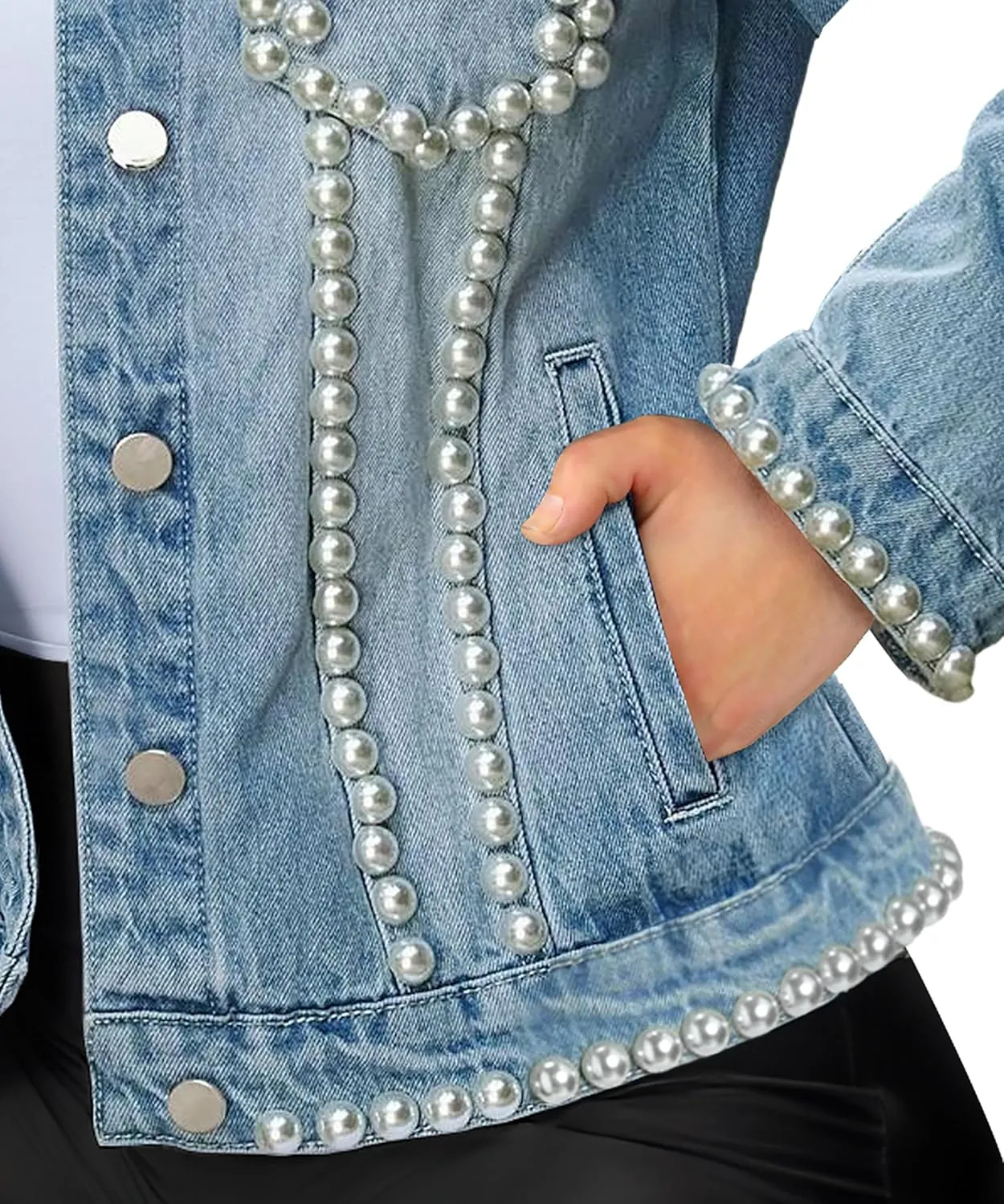 Hybrid & Company Women's Denim Jacket Embroidered Pearls Beading Jeans Jacket Coat With Pockets