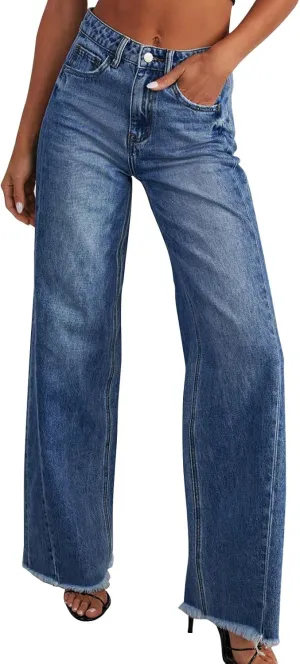Jeans for Women Wide Leg High Waisted Strechy Raw Hem Denim Pants Classic Stylish Going Out Trousers with Pockets