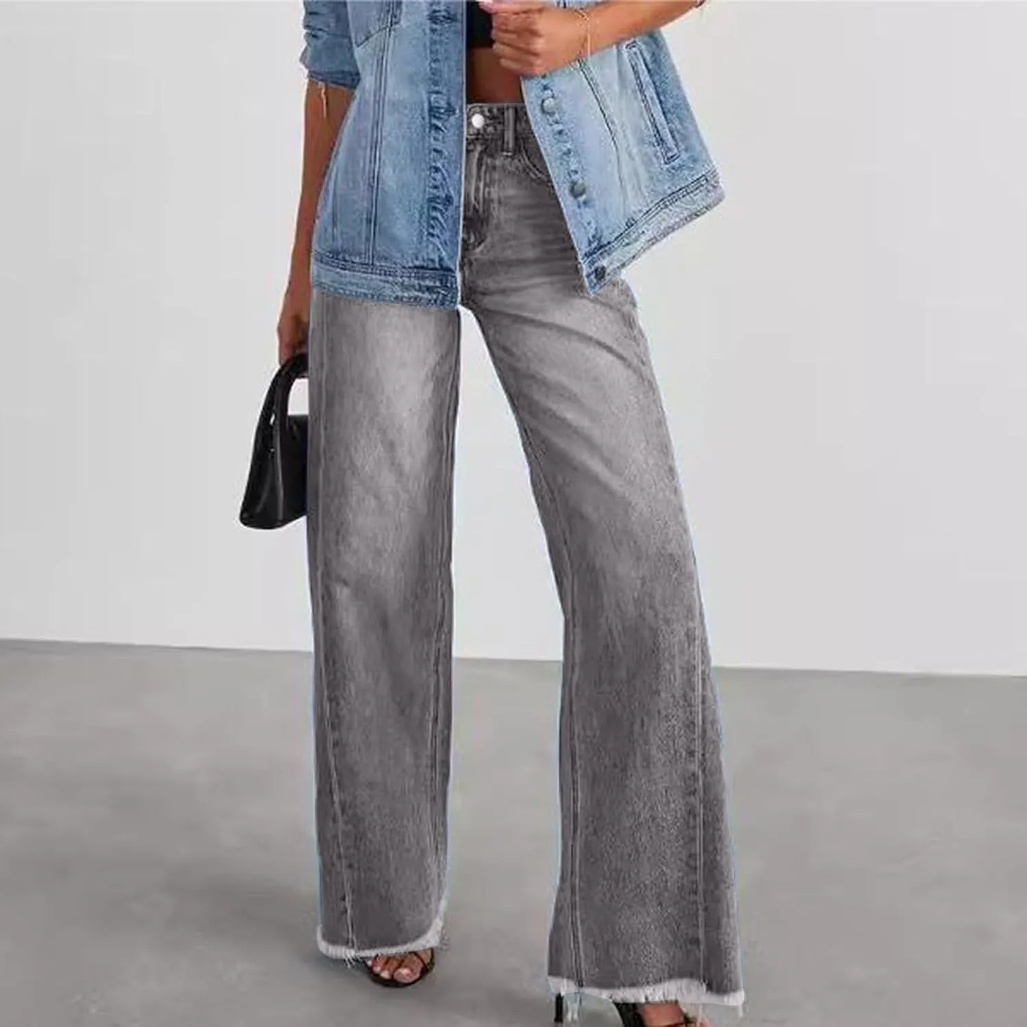 Jeans for Women Wide Leg High Waisted Strechy Raw Hem Denim Pants Classic Stylish Going Out Trousers with Pockets