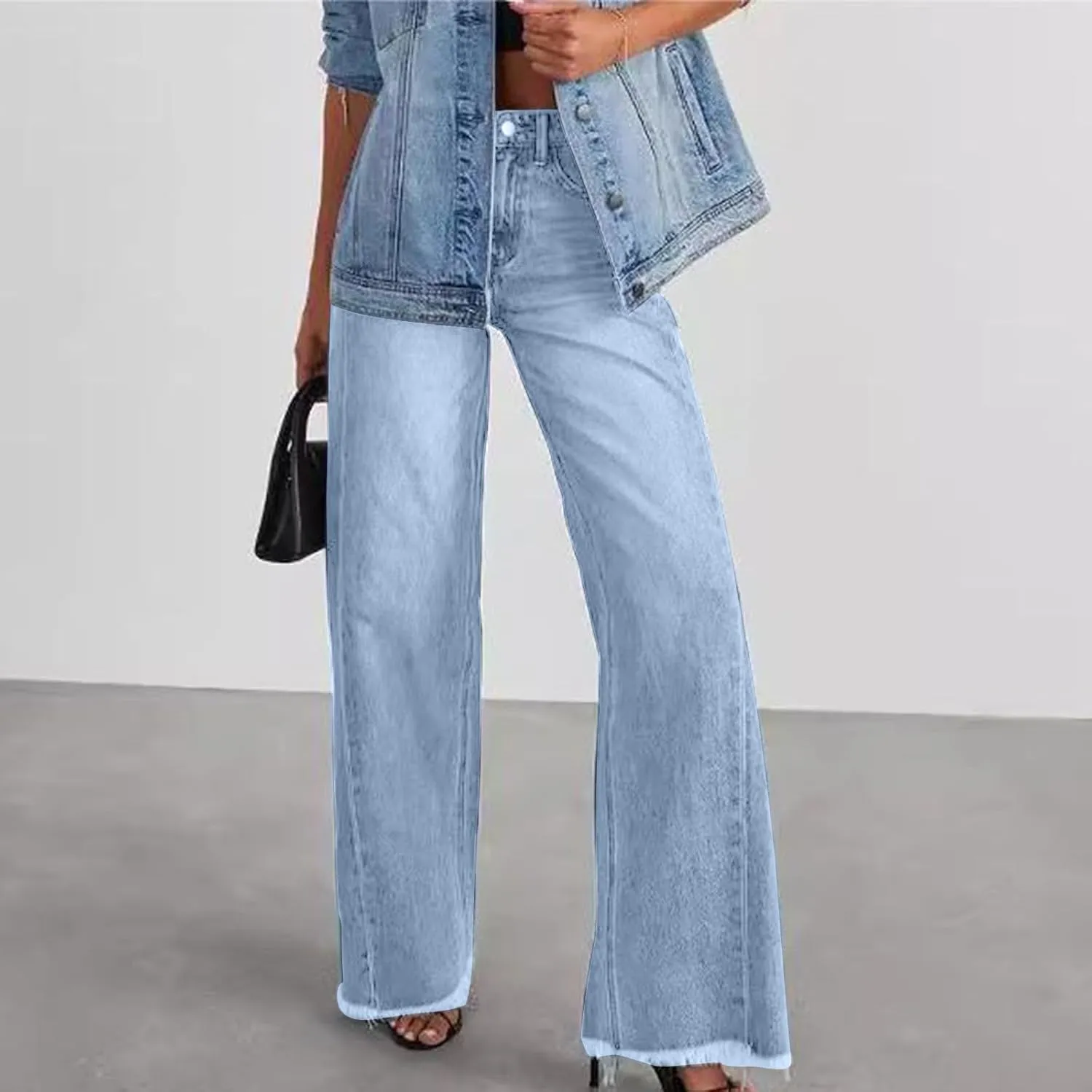 Jeans for Women Wide Leg High Waisted Strechy Raw Hem Denim Pants Classic Stylish Going Out Trousers with Pockets