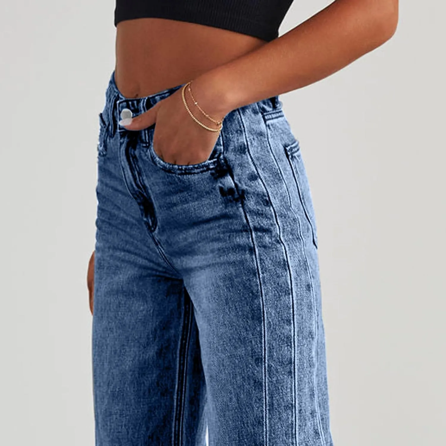 Jeans for Women Wide Leg High Waisted Strechy Raw Hem Denim Pants Classic Stylish Going Out Trousers with Pockets