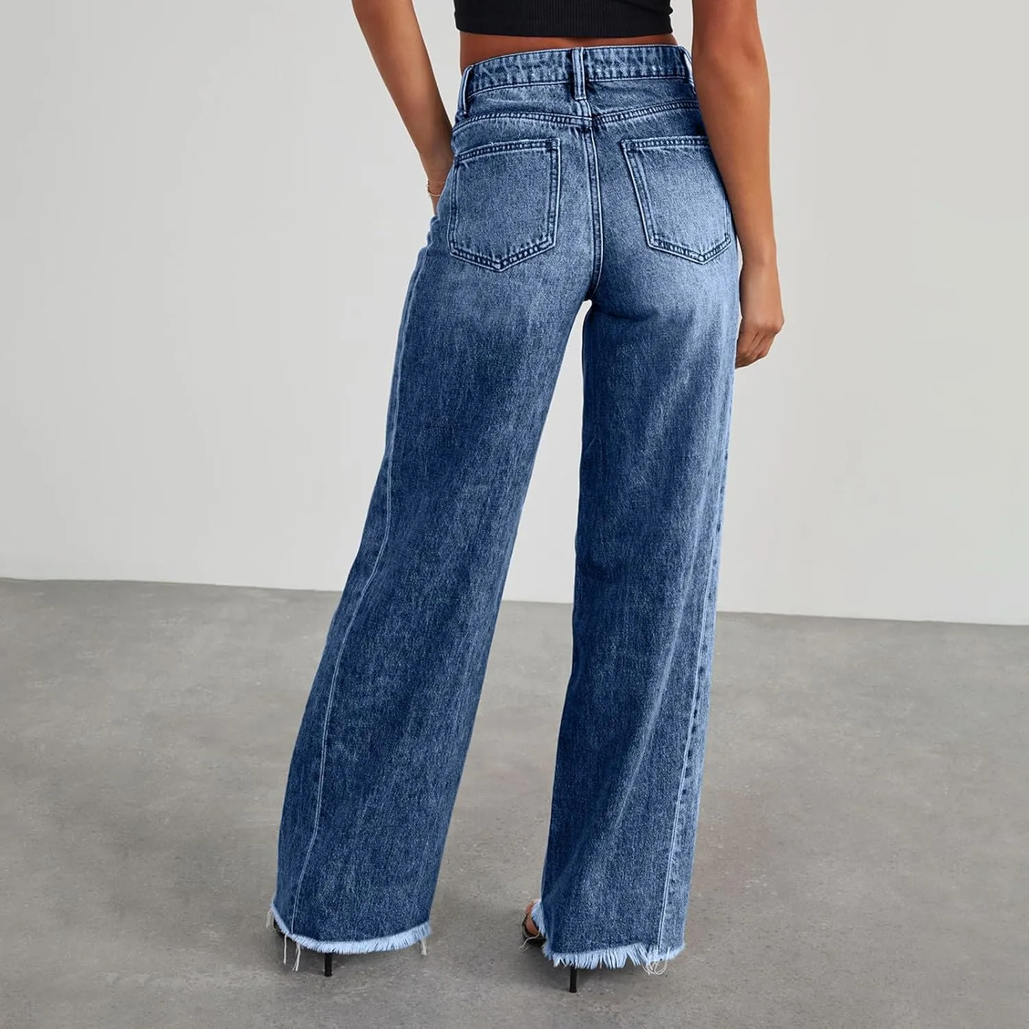 Jeans for Women Wide Leg High Waisted Strechy Raw Hem Denim Pants Classic Stylish Going Out Trousers with Pockets