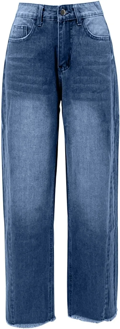 Jeans for Women Wide Leg High Waisted Strechy Raw Hem Denim Pants Classic Stylish Going Out Trousers with Pockets