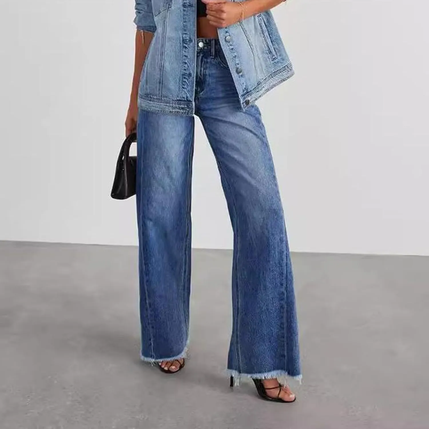 Jeans for Women Wide Leg High Waisted Strechy Raw Hem Denim Pants Classic Stylish Going Out Trousers with Pockets