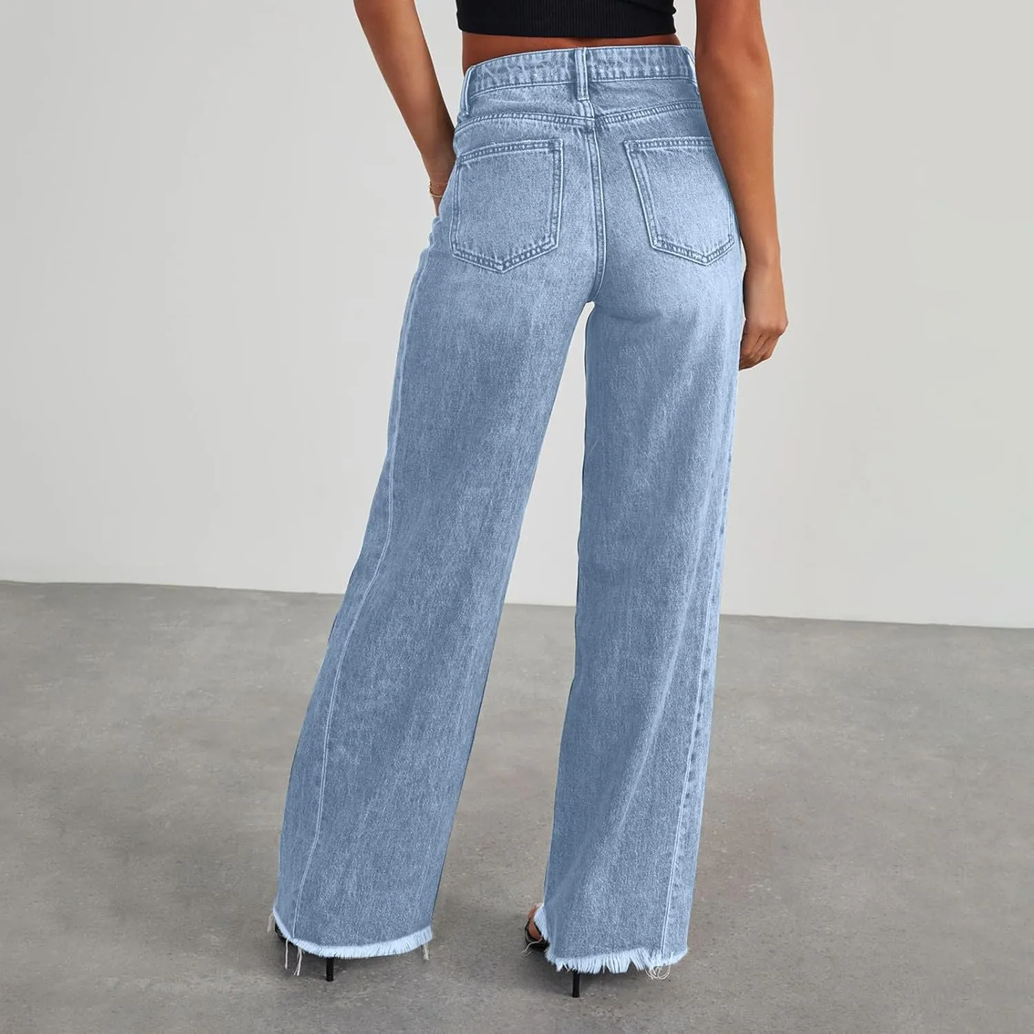 Jeans for Women Wide Leg High Waisted Strechy Raw Hem Denim Pants Classic Stylish Going Out Trousers with Pockets