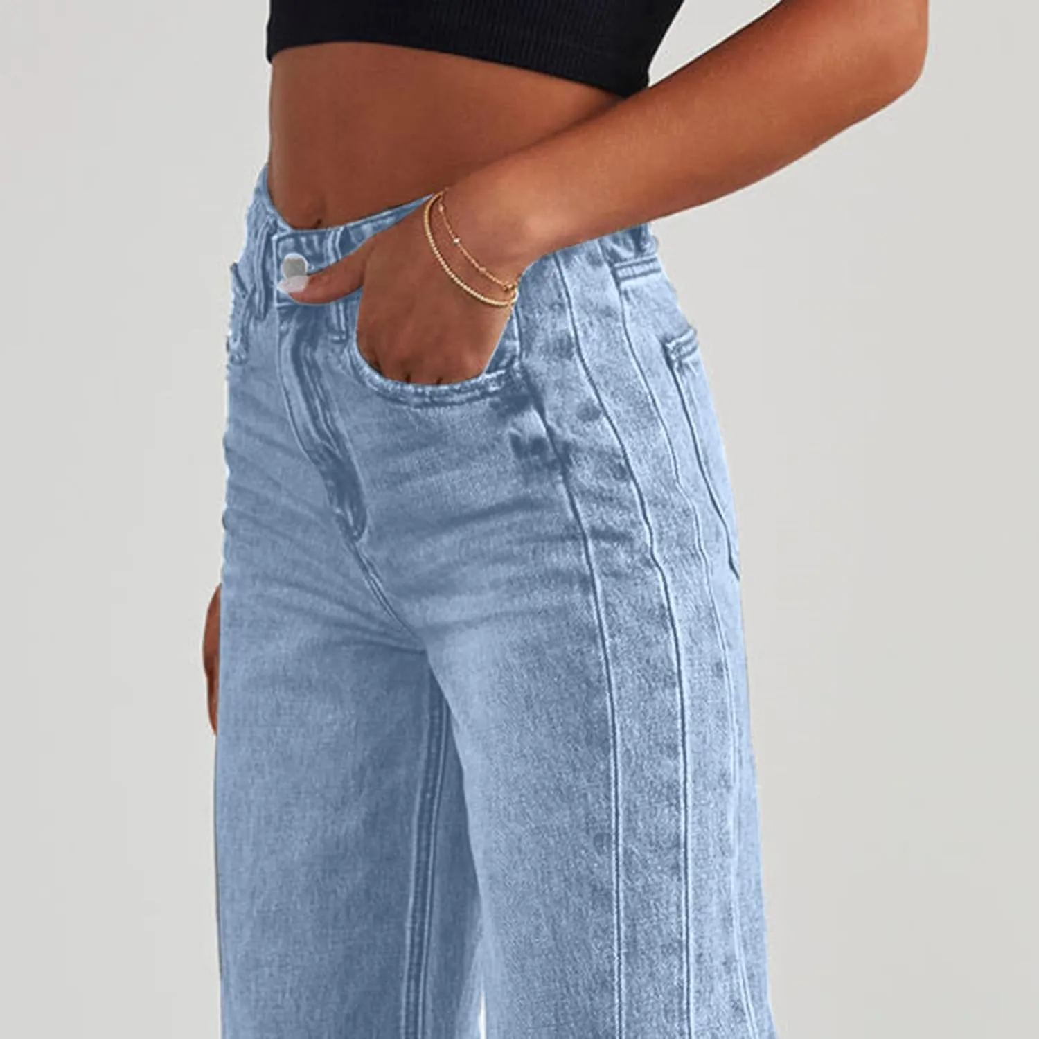 Jeans for Women Wide Leg High Waisted Strechy Raw Hem Denim Pants Classic Stylish Going Out Trousers with Pockets
